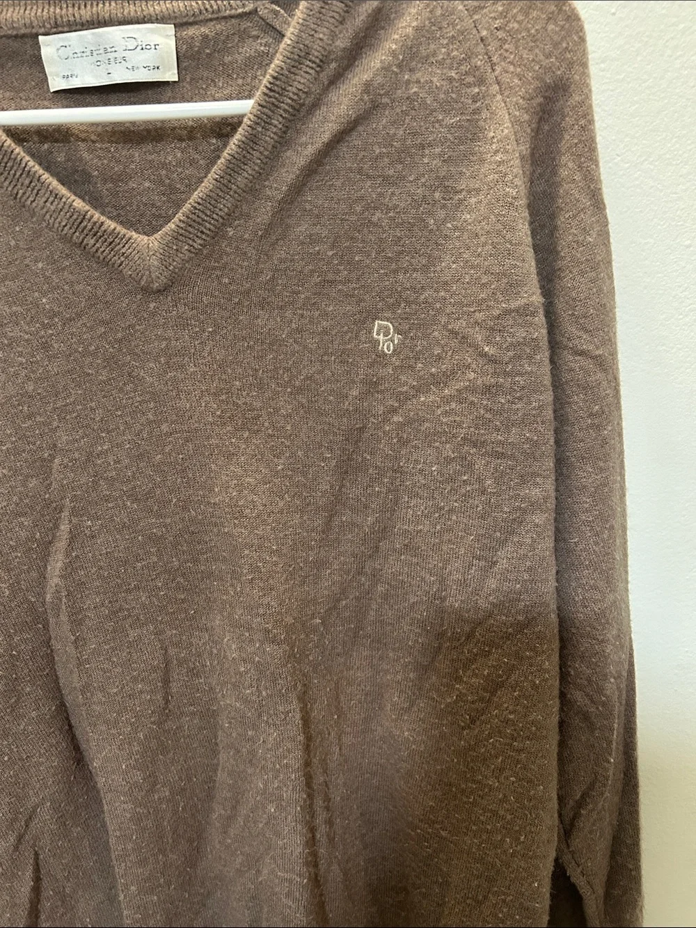 VintageChristian Dior Monsieur Brown V-Neck Orlon Sweater Embroidered Logo 0285
